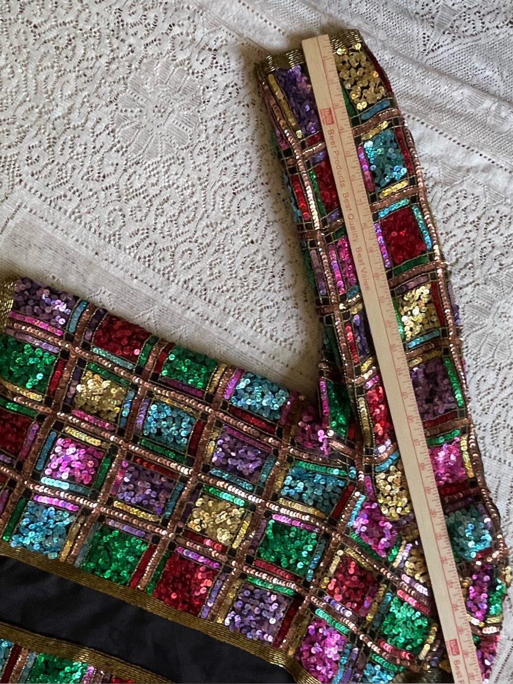 90s Laurence Kazar Multicolor Sequin Patchwork Jacket with Gold Trim - Picture 7 of 13